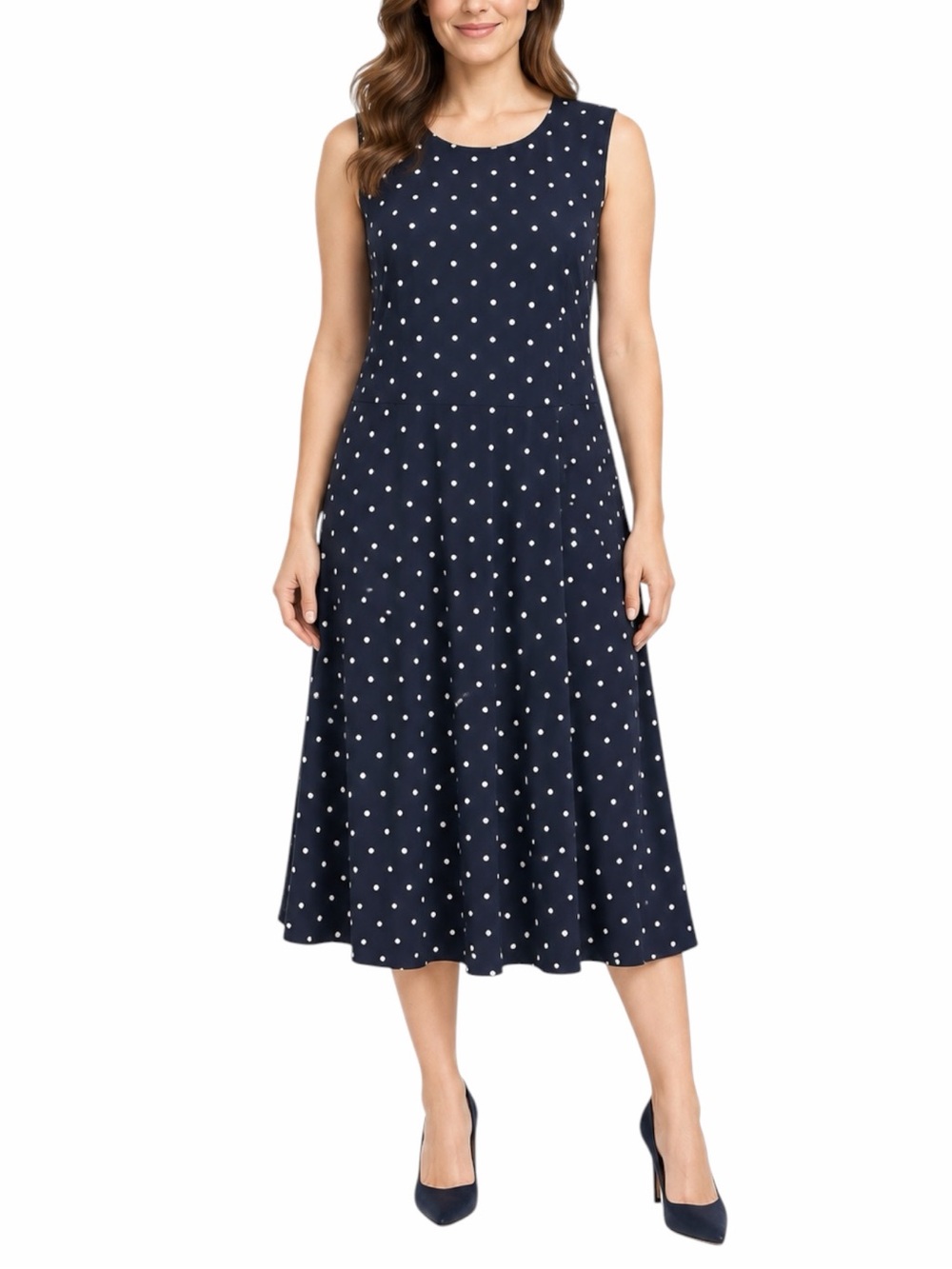 Charter Club Midi Dress 2X Polka Dot A Line Sleeveless Navy White Preppy Plus